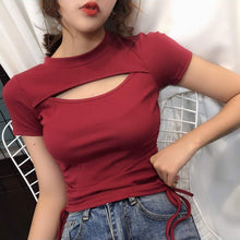 Load image into Gallery viewer, Women's Sexy Short Sleeve Hollow Out O-Neck Skinny Half Sleeve Clothes Women Slim Under Wear Tshirt Casual Top Tees For Female