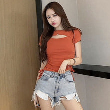 Load image into Gallery viewer, Women's Sexy Short Sleeve Hollow Out O-Neck Skinny Half Sleeve Clothes Women Slim Under Wear Tshirt Casual Top Tees For Female