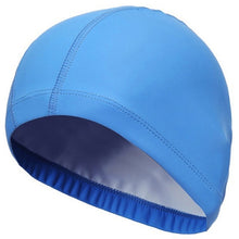 Load image into Gallery viewer, New 2019 Elastic Waterproof PU Fabric Protect Ears Long Hair Sports Swim Pool Hat Swimming Cap Free size for Men &amp; Women Adults
