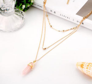 WKOUD 3 Layer Hexagonal Column Quartz Necklaces Pendants Natural Stone Bullet Pink Crystal Pendant Necklace For Women Je